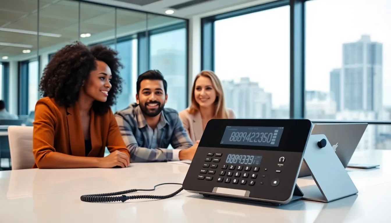 professionals in a modern office discussing a phone number call.