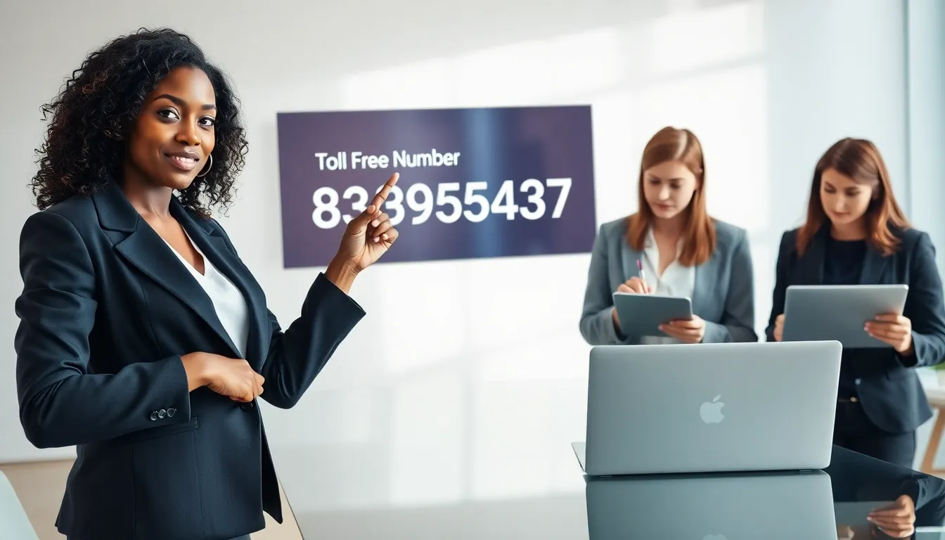 diverse professionals discussing a toll-free number in a modern office.
