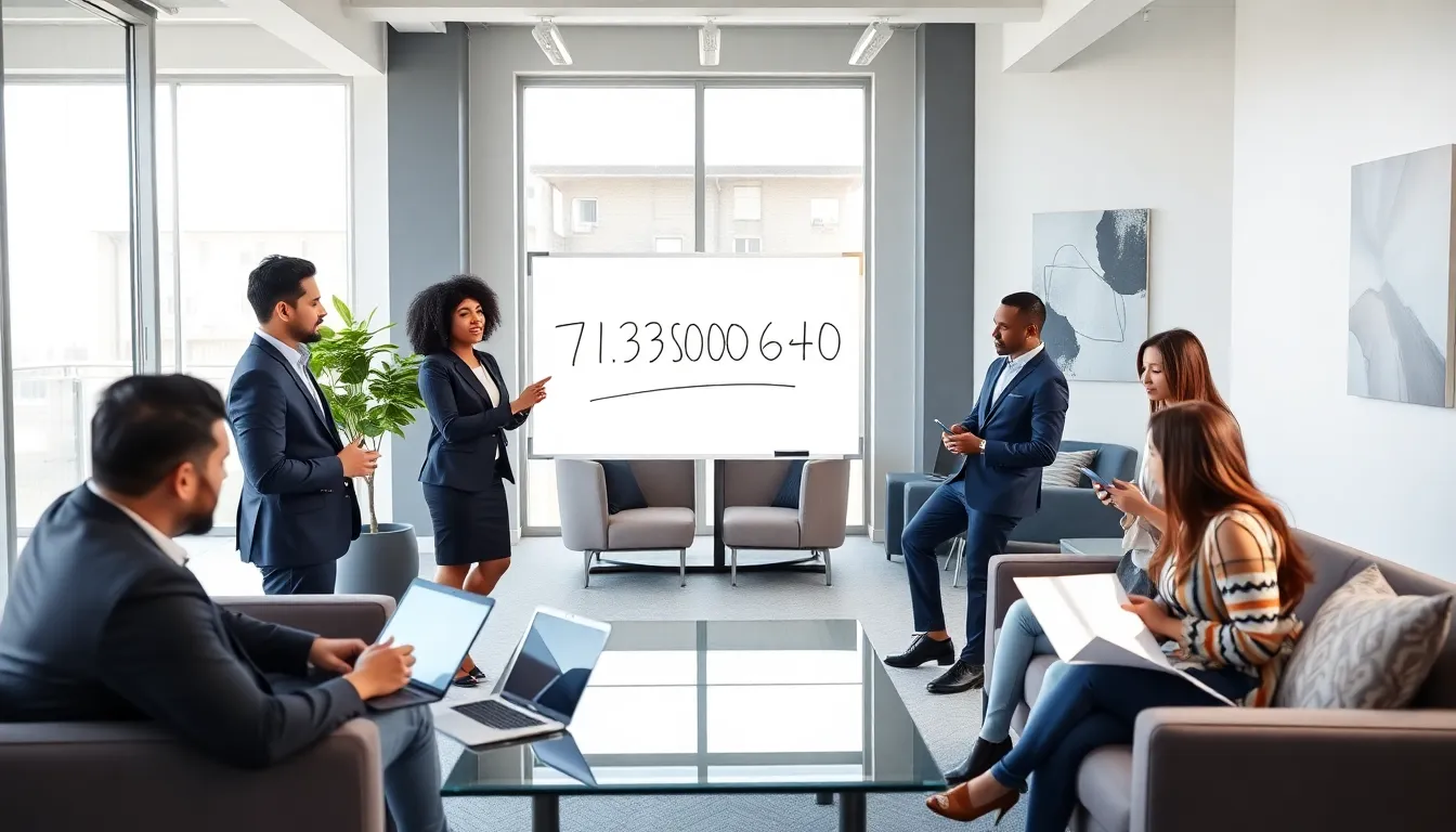 team of diverse professionals discussing numerical identifiers in a modern office.