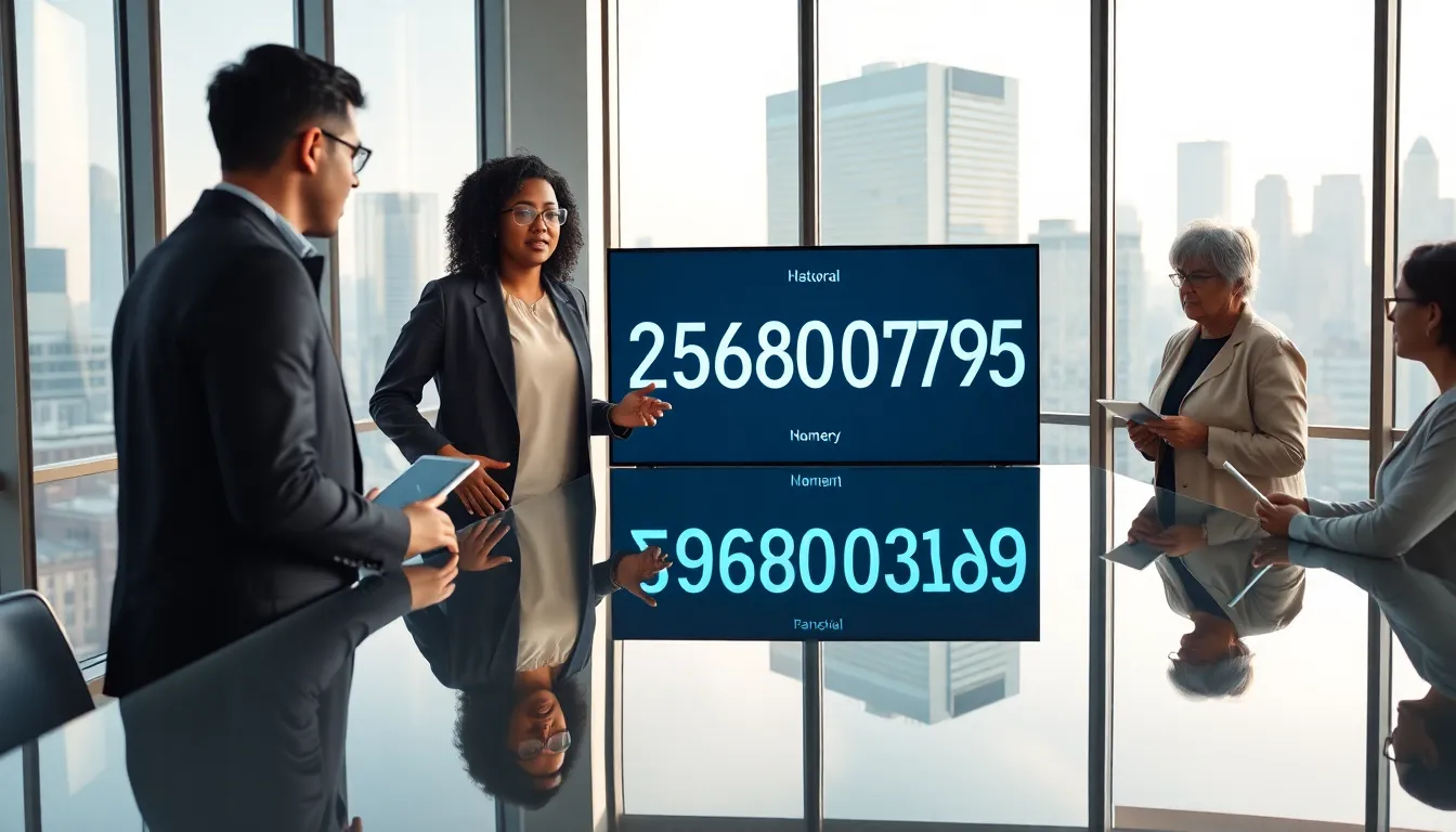 diverse team discussing the significance of a number in a modern conference room.